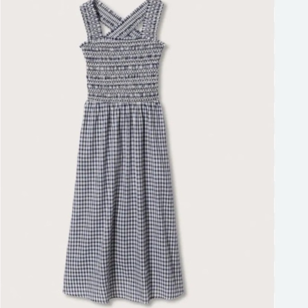 Mango Troya navy smocked gingham sundress criss cross back. Size 10 - Picture 3 of 8